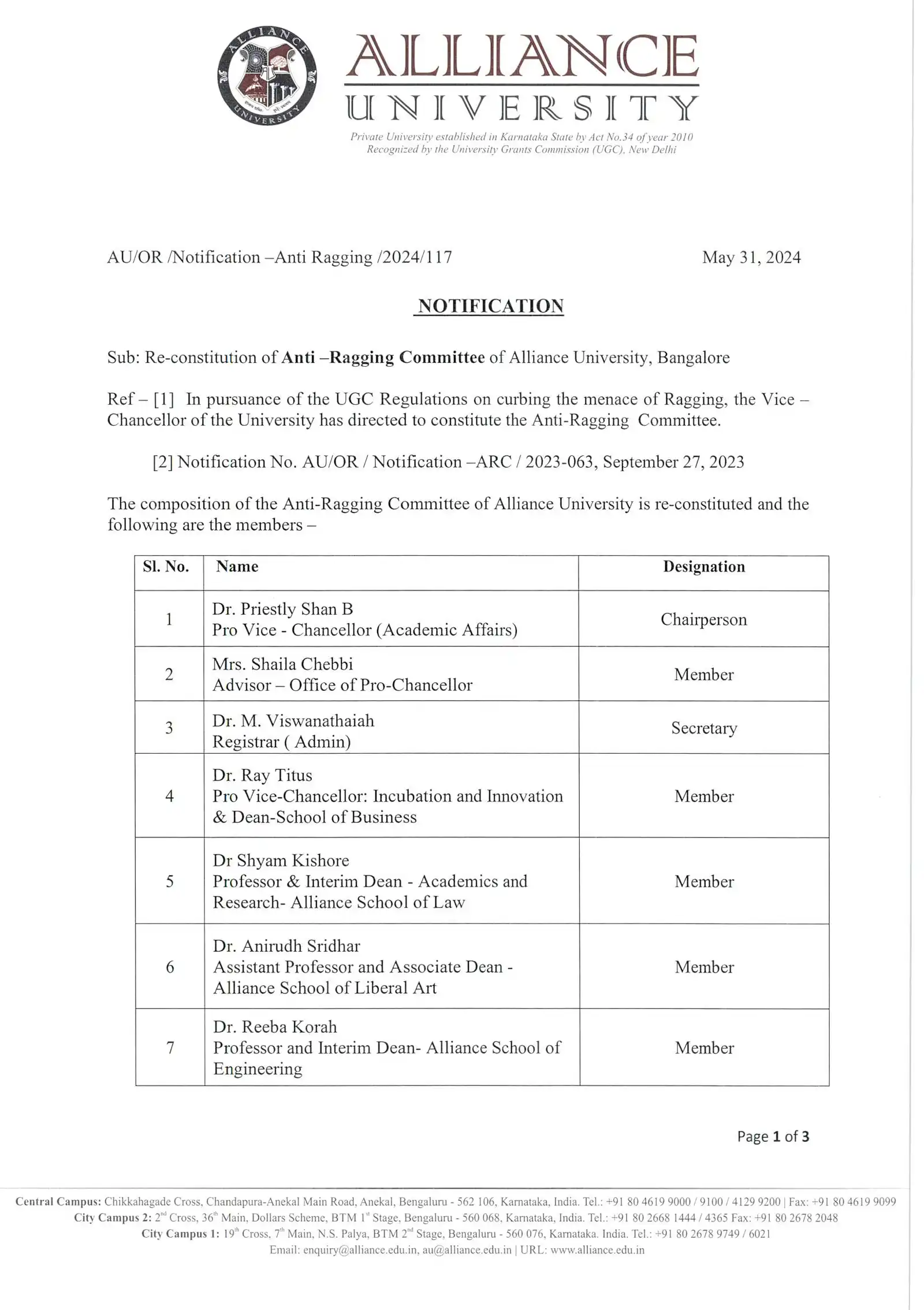 Anti Ragging Committee (ARC) notification page 1