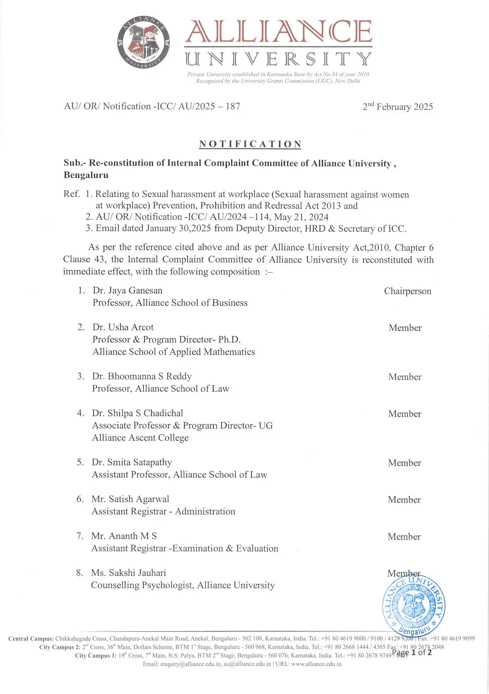 Reconstitution of Internal Complaint Committee of Alliance University, Bengaluru - 1