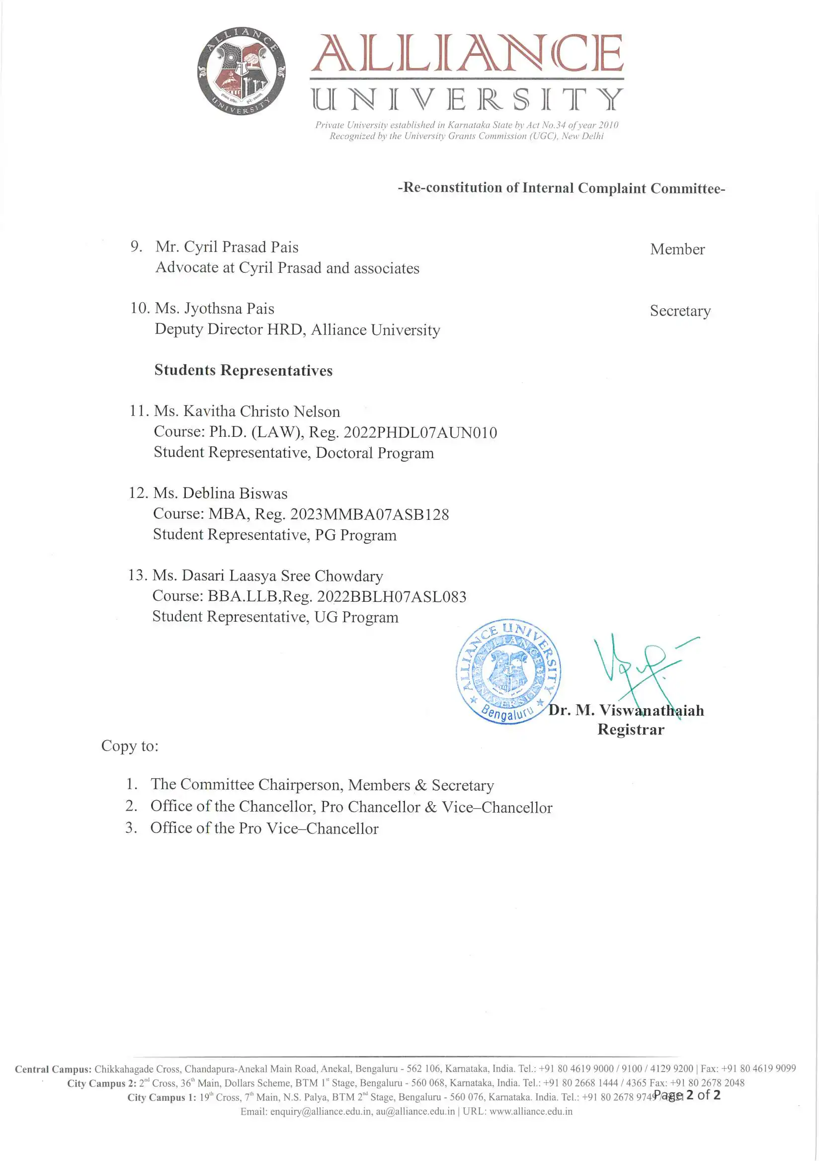 Reconstitution of Internal Complaint Committee of Alliance University, Bengaluru - 2