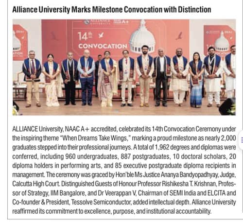 Alliance University Marks Milestone Convocation with Distinction Publication: The New Indian Express – All Edition